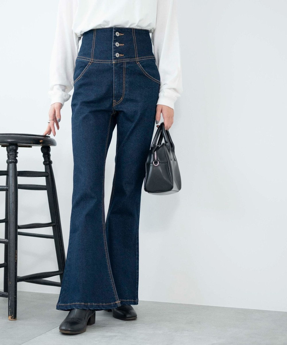 WEGO ハイウエストストレッチフレアデニムパンツ 