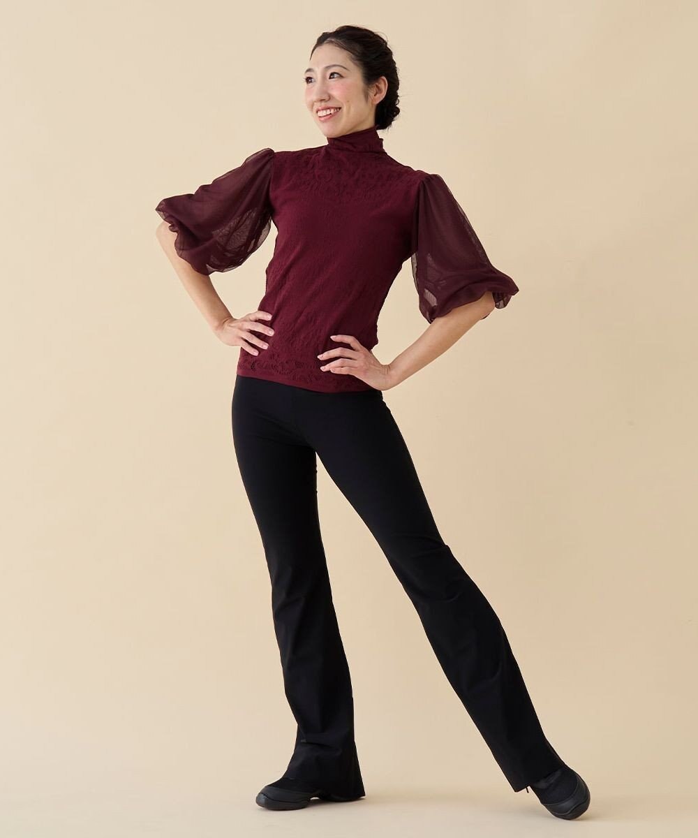 Chacott 【ノーソーイングニット】チュールスリーブハイネックトップ 