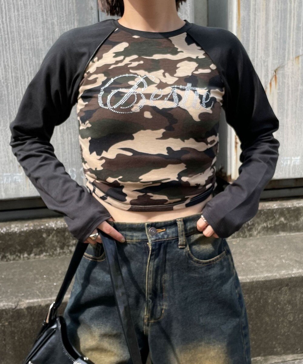 WEGO ラインストーンサイドドロストラグランロンT 