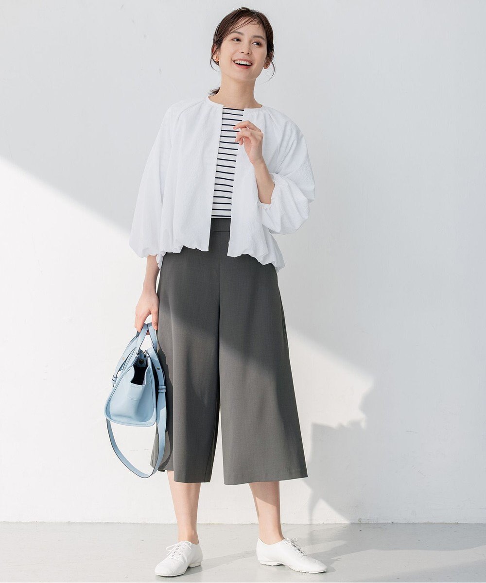 組曲 L 【洗える】プレーティング天竺タックスリーブボーダー カットソー 