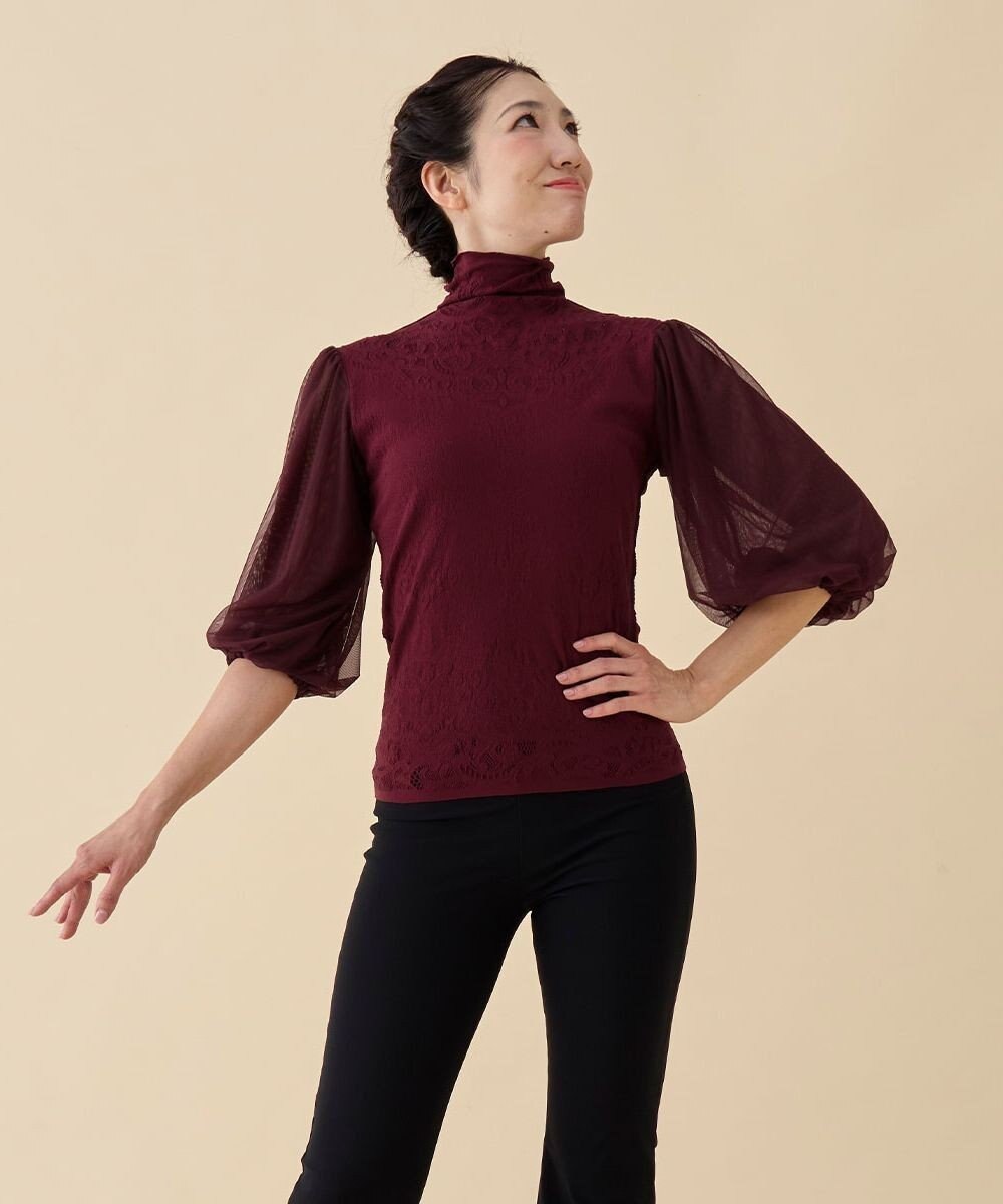 Chacott 【ノーソーイングニット】チュールスリーブハイネックトップ 