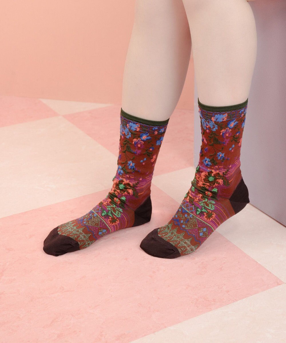 COQ antigua flower ラメ花柄ソックス 