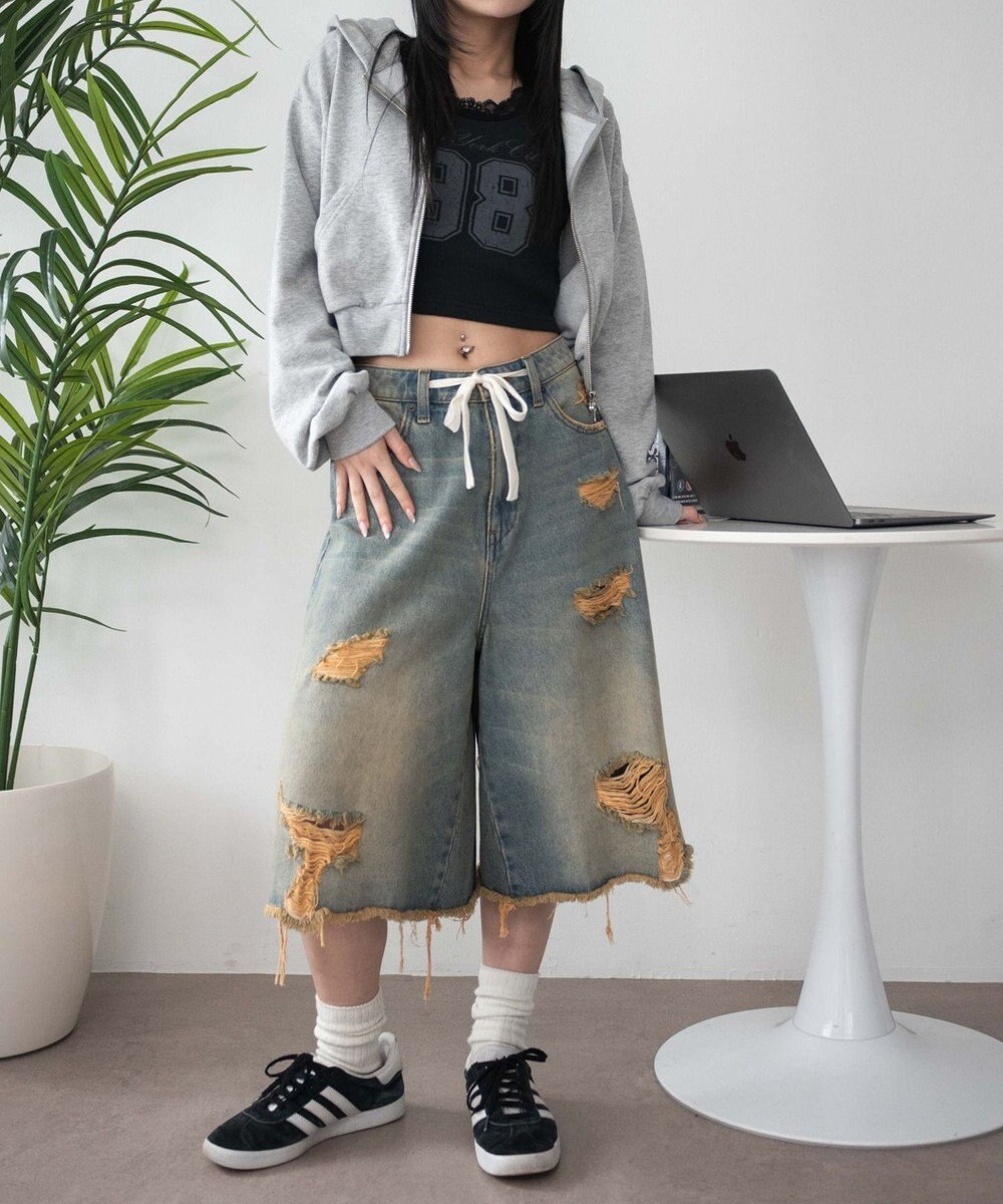 WEGO 【SMサイズ展開】ヴィンテージウォッシュダメージバギーハーフパンツ 