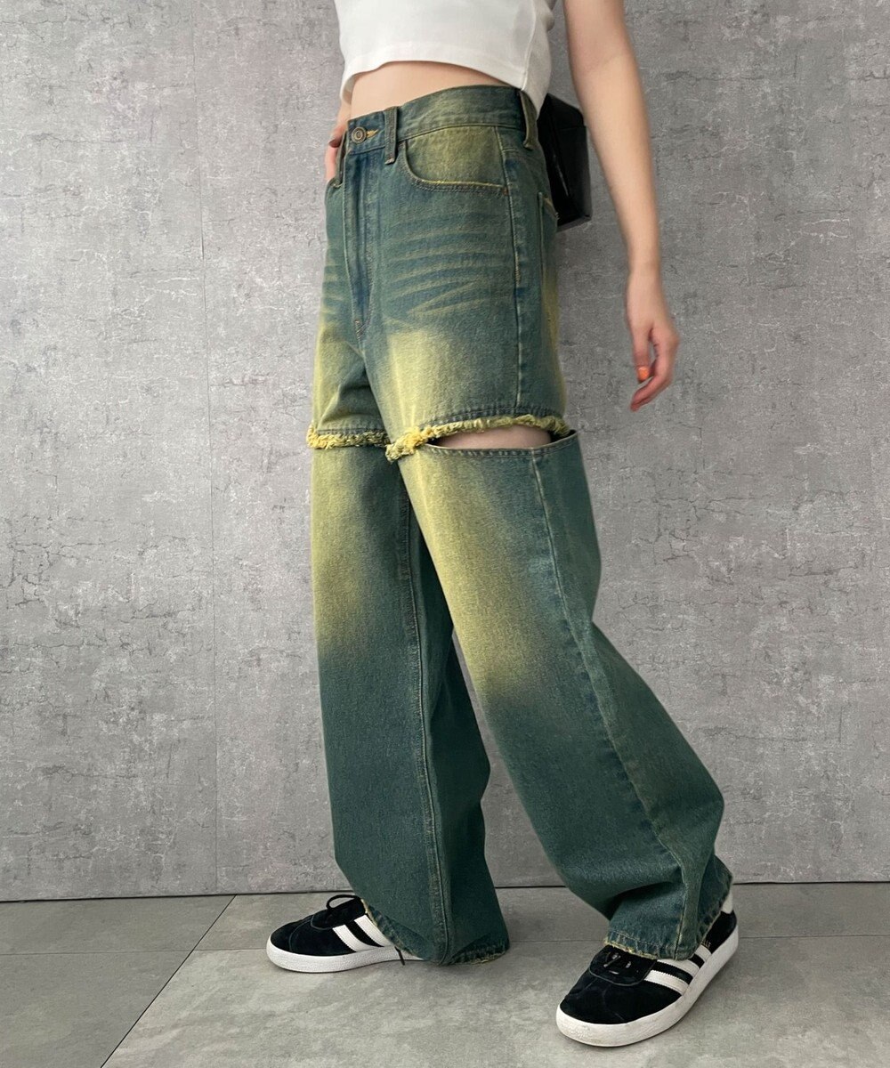 WEGO ヴィンテージウォッシュサイドカットデニムパンツ 