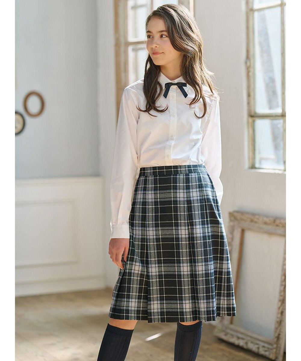 【150-170cm】ウール綾チェック スカート（リボン付き）, ネイビー系5, 150