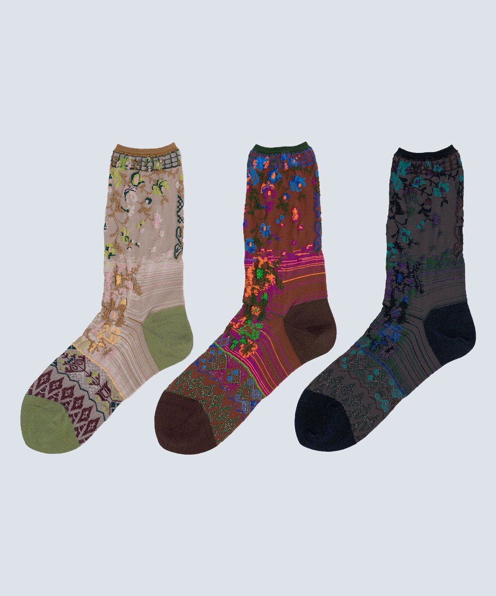 COQ antigua flower ラメ花柄ソックス 