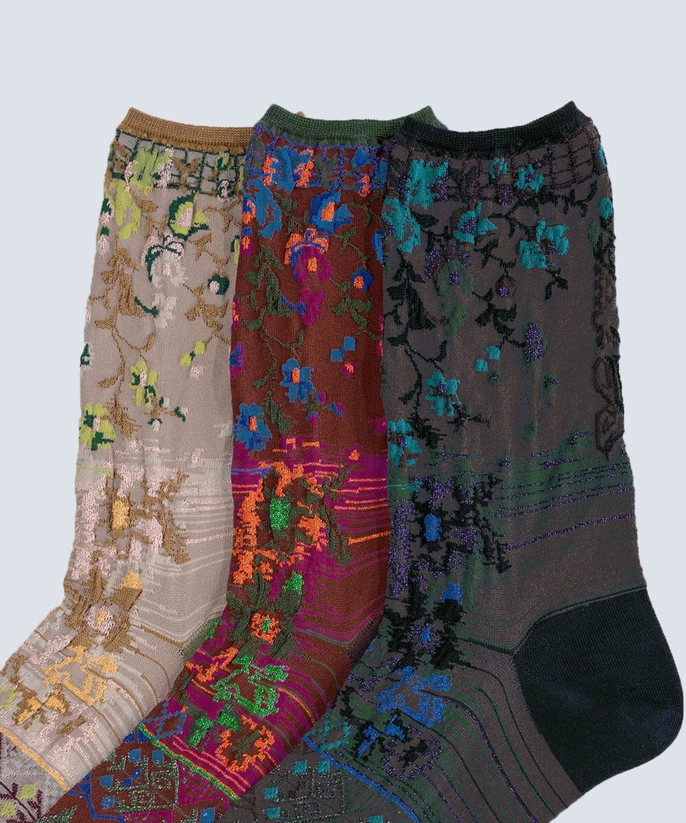 COQ antigua flower ラメ花柄ソックス 