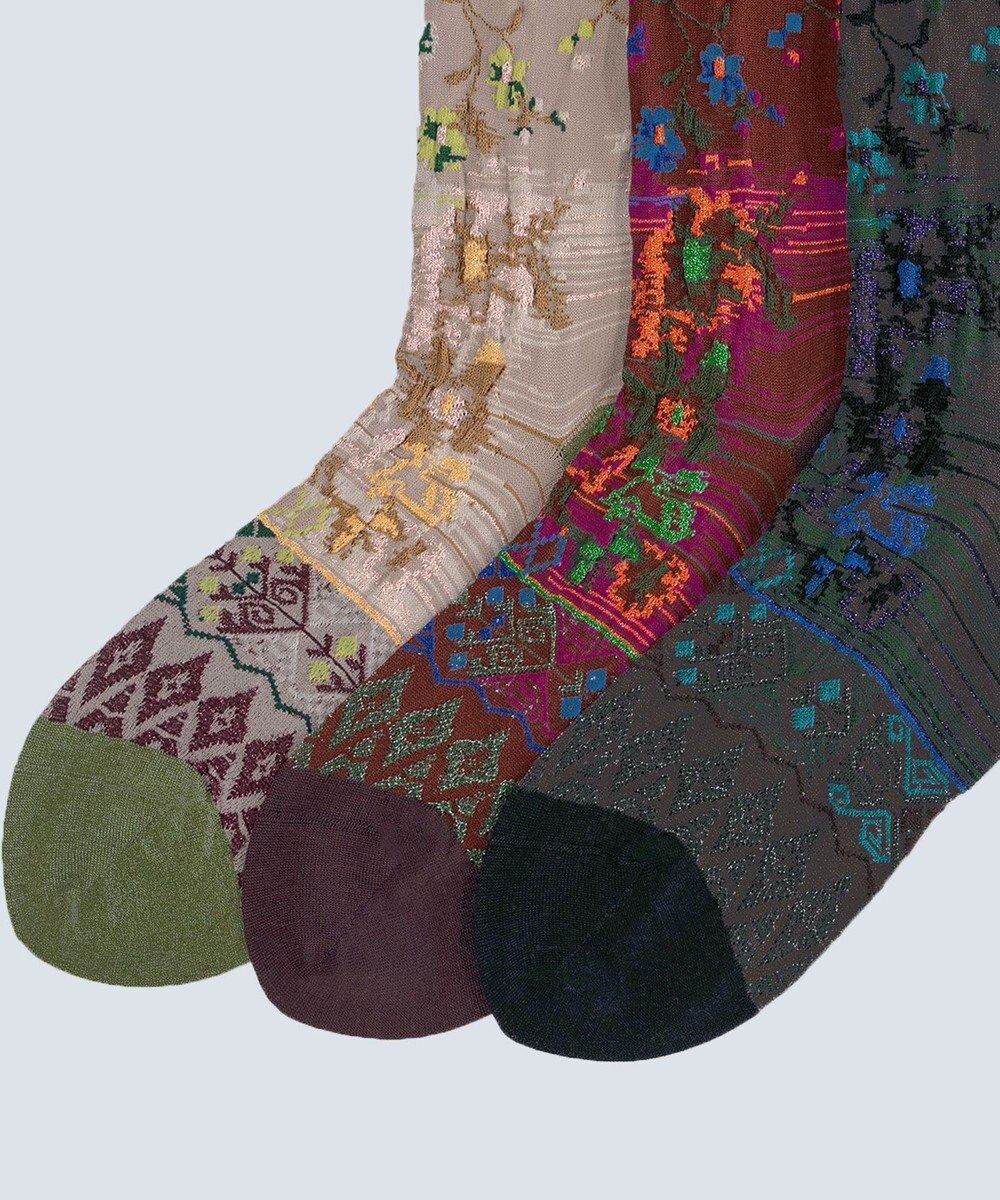 COQ antigua flower ラメ花柄ソックス 