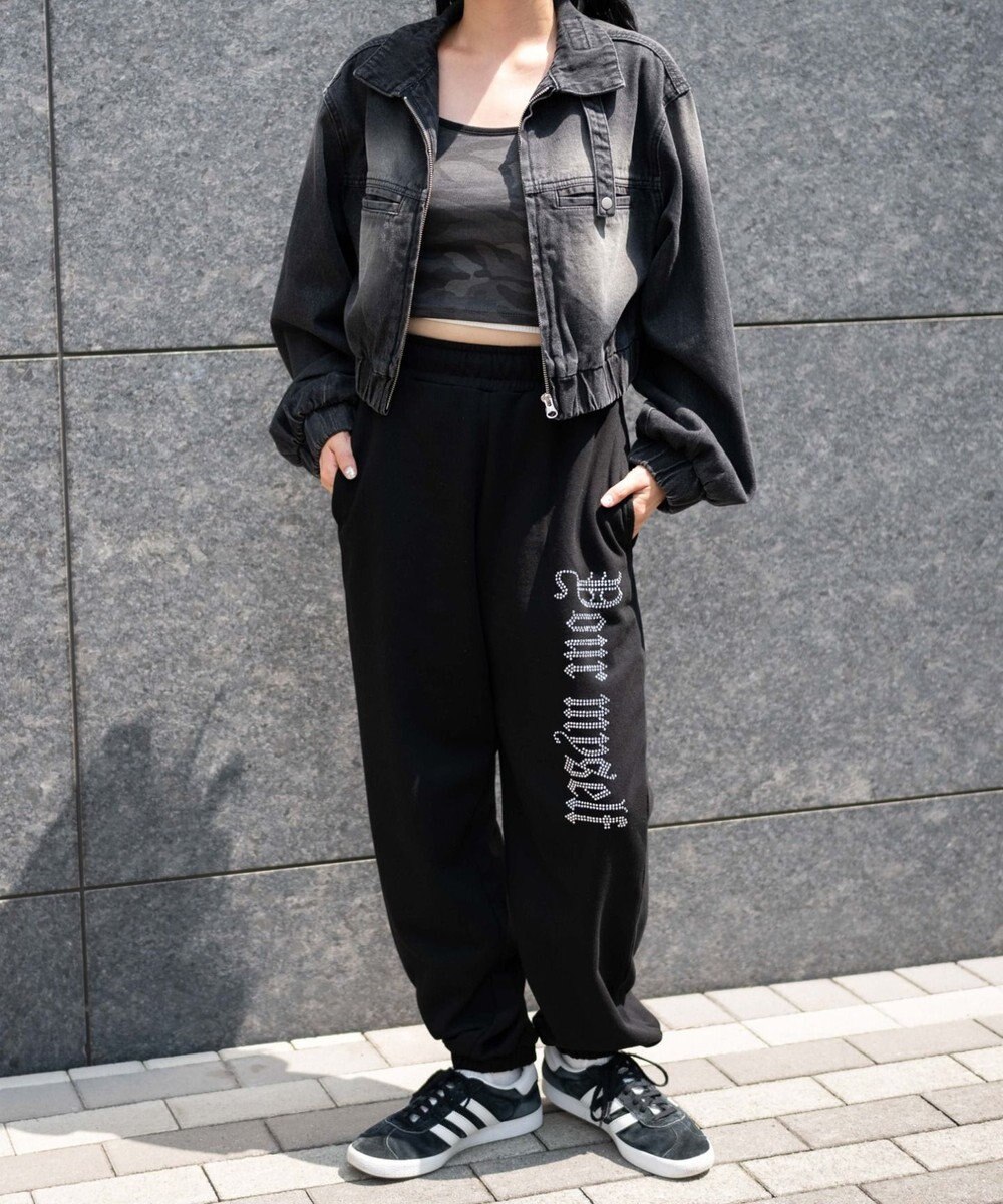 WEGO 【ウエストゴム】ラインストーンロゴスウェットパンツ 