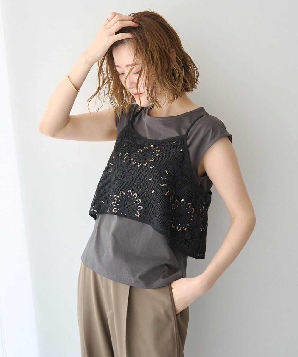 YECCA VECCA 【2点SET】刺繍メッシュキャミセットコットンTee 