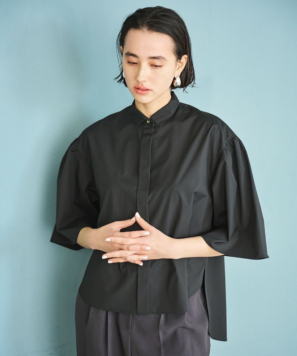 #Newans 【洗濯機可能/シワになりにくい】〈お尻・太ももをカバー〉フレアスリーブイタリアンカラーシャツ 