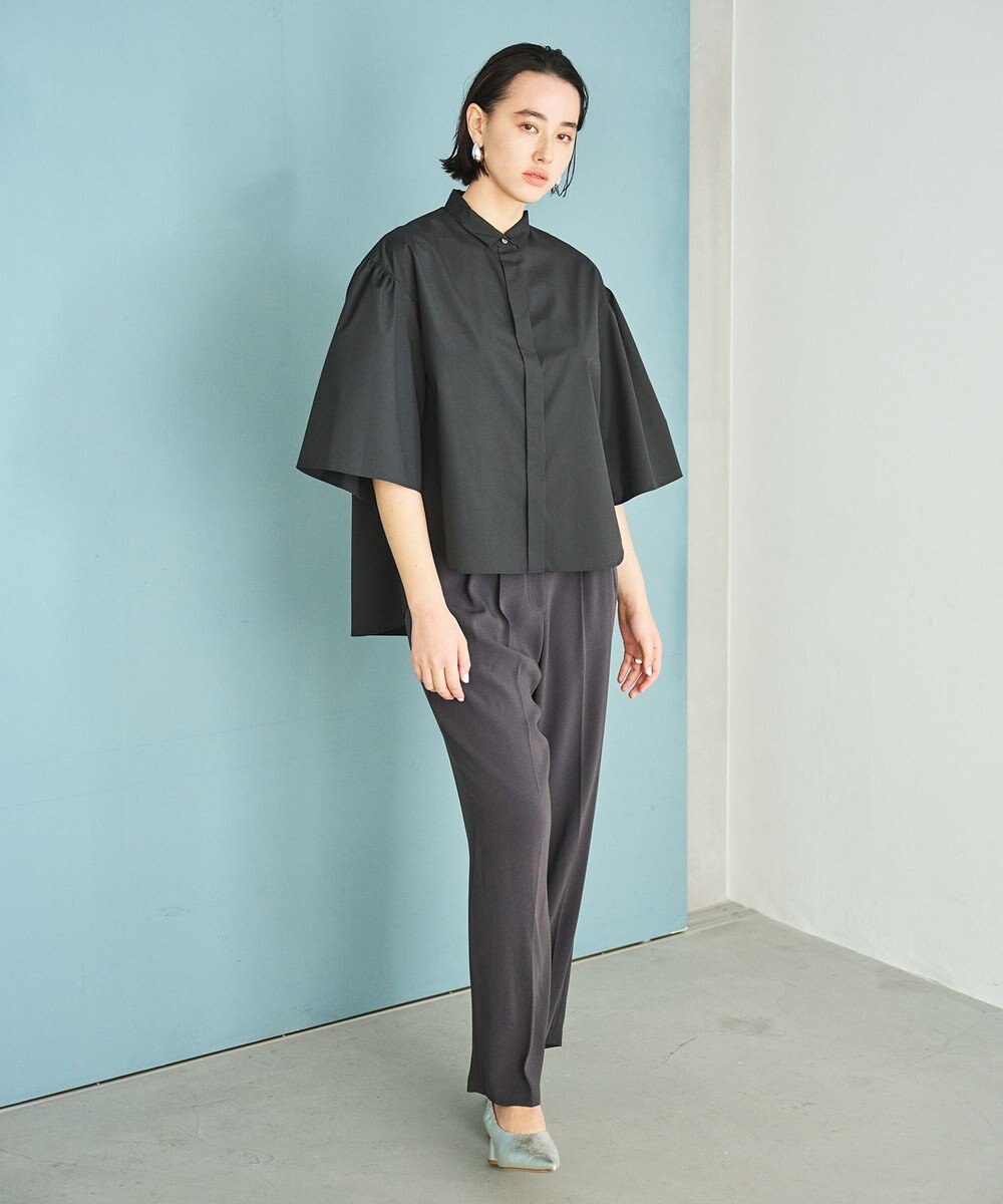 #Newans 【洗濯機可能/シワになりにくい】〈お尻・太ももをカバー〉フレアスリーブイタリアンカラーシャツ 