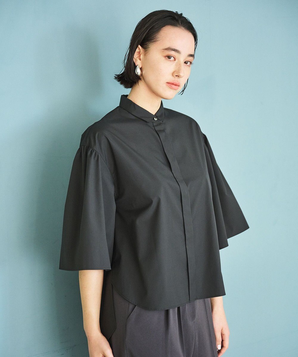 #Newans 【洗濯機可能/シワになりにくい】〈お尻・太ももをカバー〉フレアスリーブイタリアンカラーシャツ 