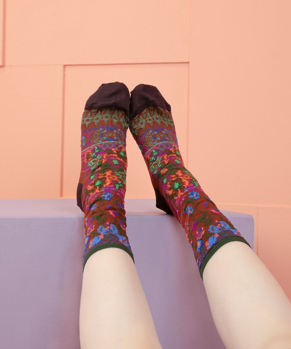 COQ antigua flower ラメ花柄ソックス 
