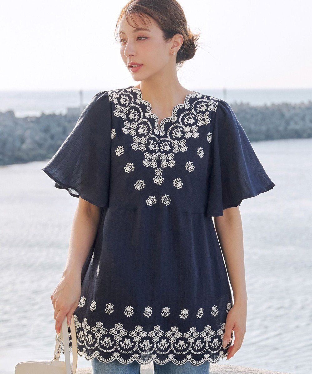 Tiaclasse 【洗える】スカラップレースチュニックブラウス 