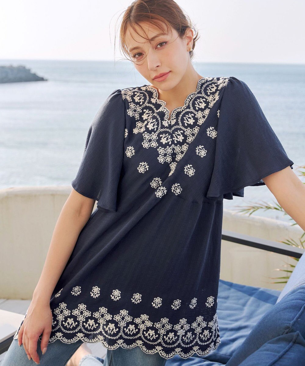 Tiaclasse 【洗える】スカラップレースチュニックブラウス 