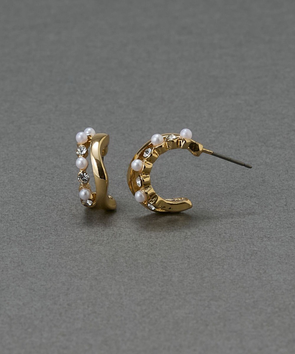 Phoebe 〈金属アレルギー対応〉ダブルラインパールビジューフープピアス　ホワイト/ニッケルフリー 