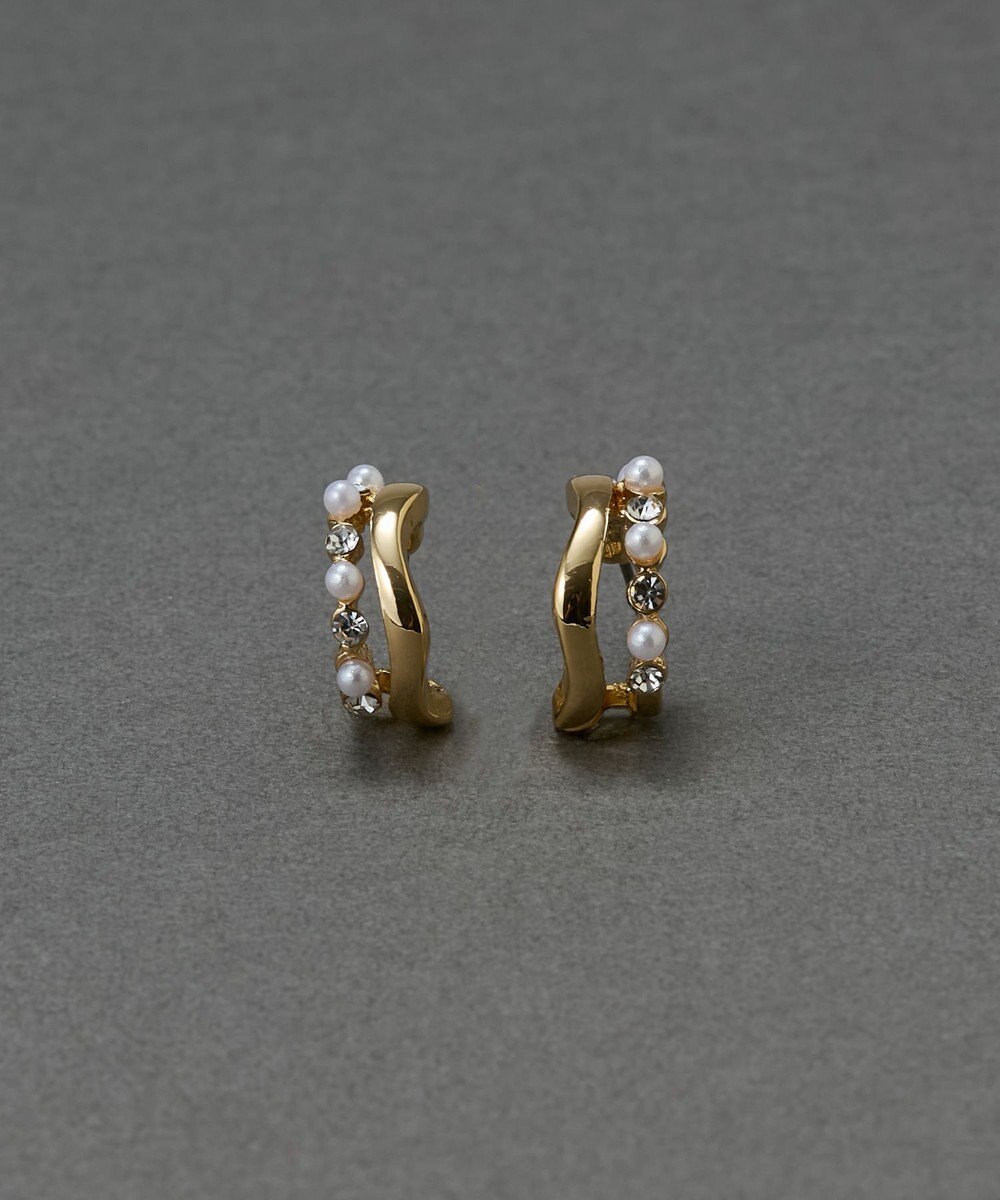 Phoebe 〈金属アレルギー対応〉ダブルラインパールビジューフープピアス　ホワイト/ニッケルフリー 