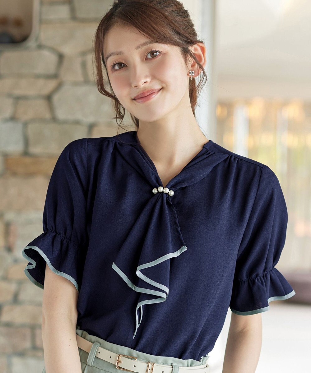 Tiaclasse L 配色パイピングボウタイブラウス 