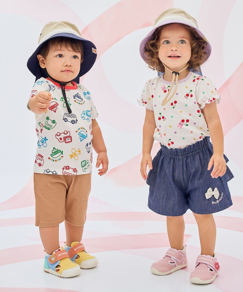 MIKI HOUSE HOT BISCUITS 【80-120cm】ビーンズ×乗り物 総柄 半袖Tシャツ 
