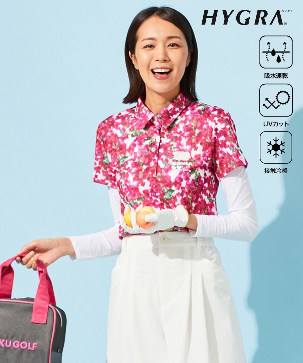 23区GOLF 【WOMEN】【接触冷感・UVケア・吸水速乾】ブーゲンビリア柄 ポロシャツ 