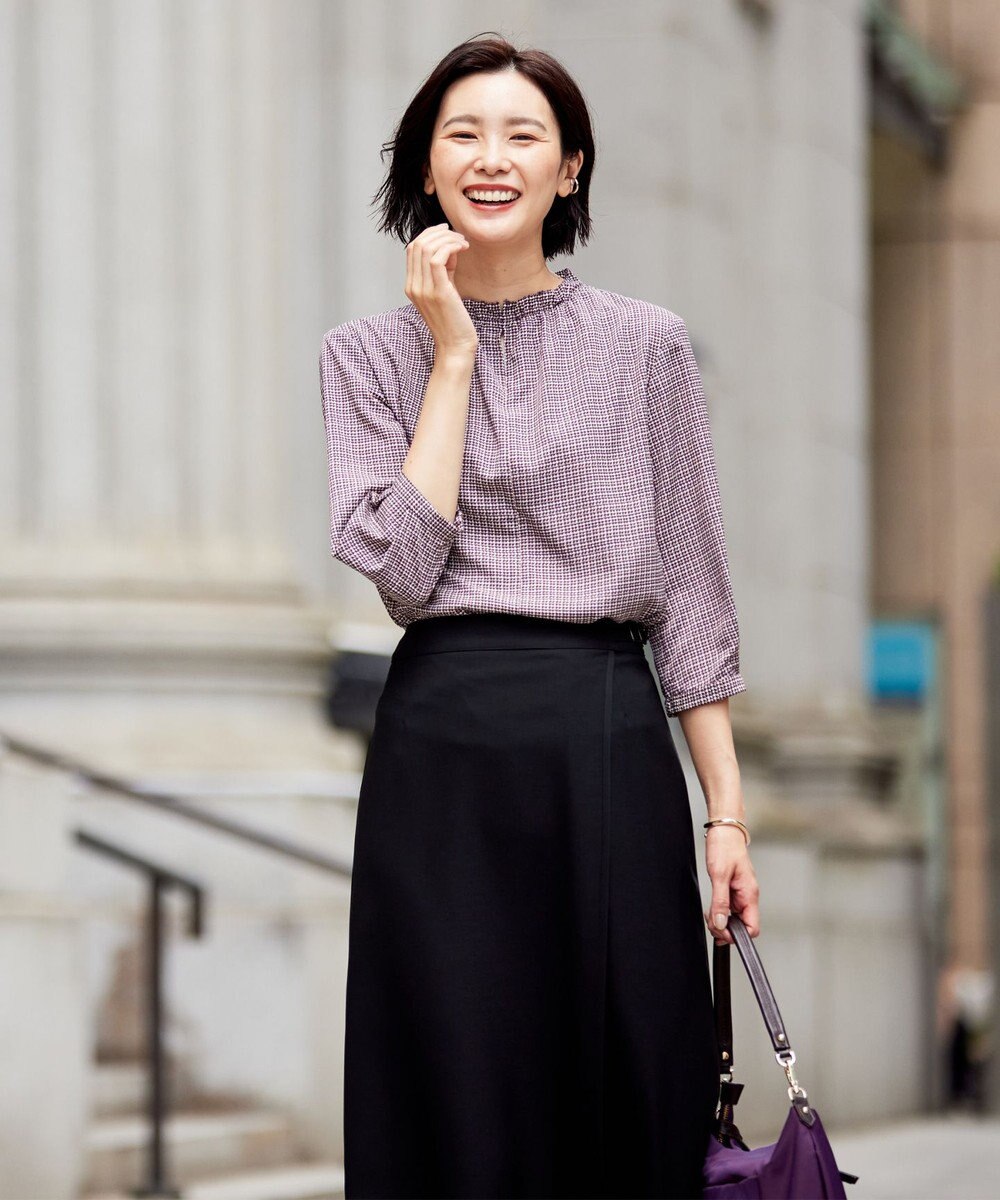 J.PRESS LADIES L チェックプリント スリットフリルネック カットソー 