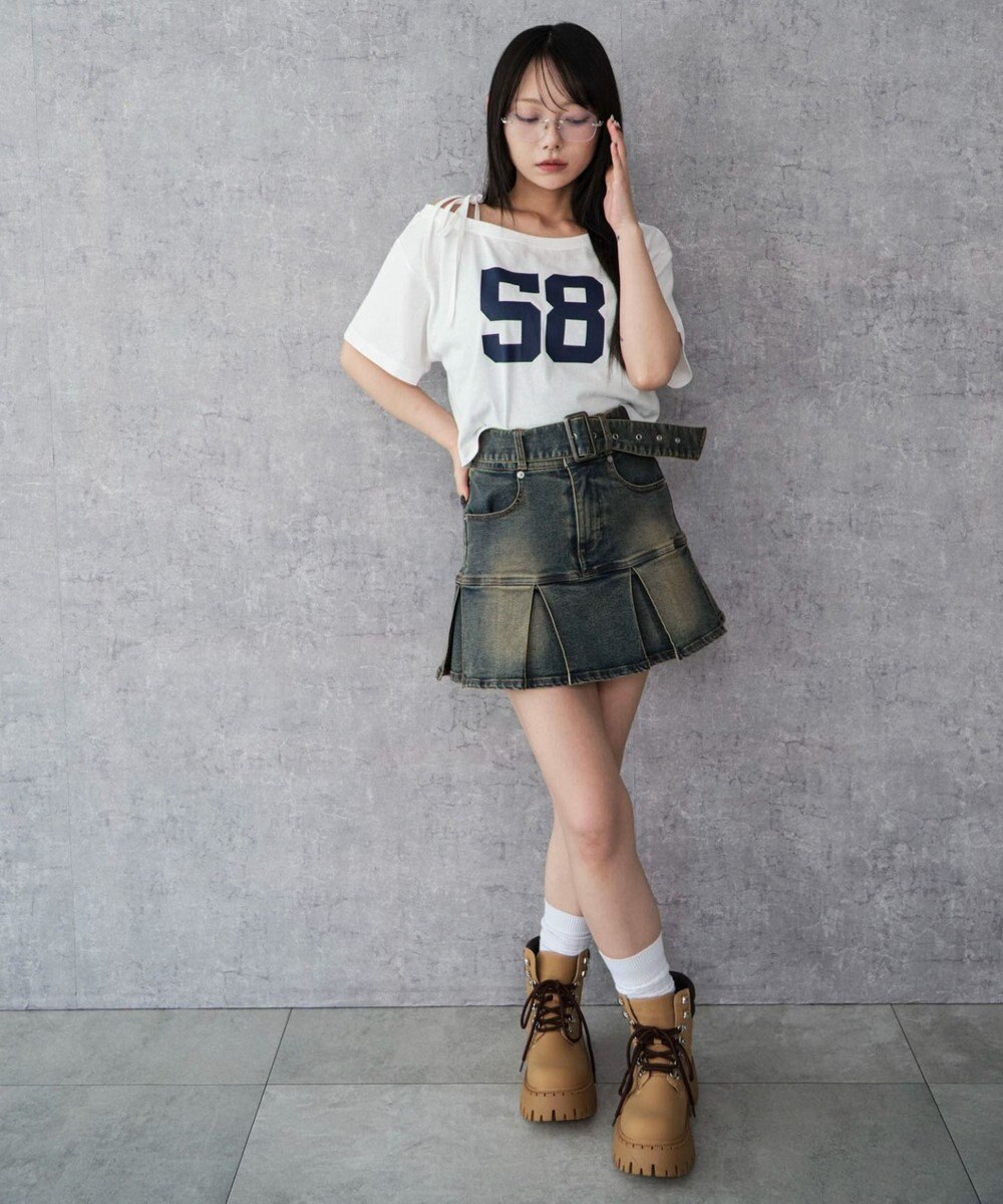 WEGO ベルト付デニムプリーツスカパン 