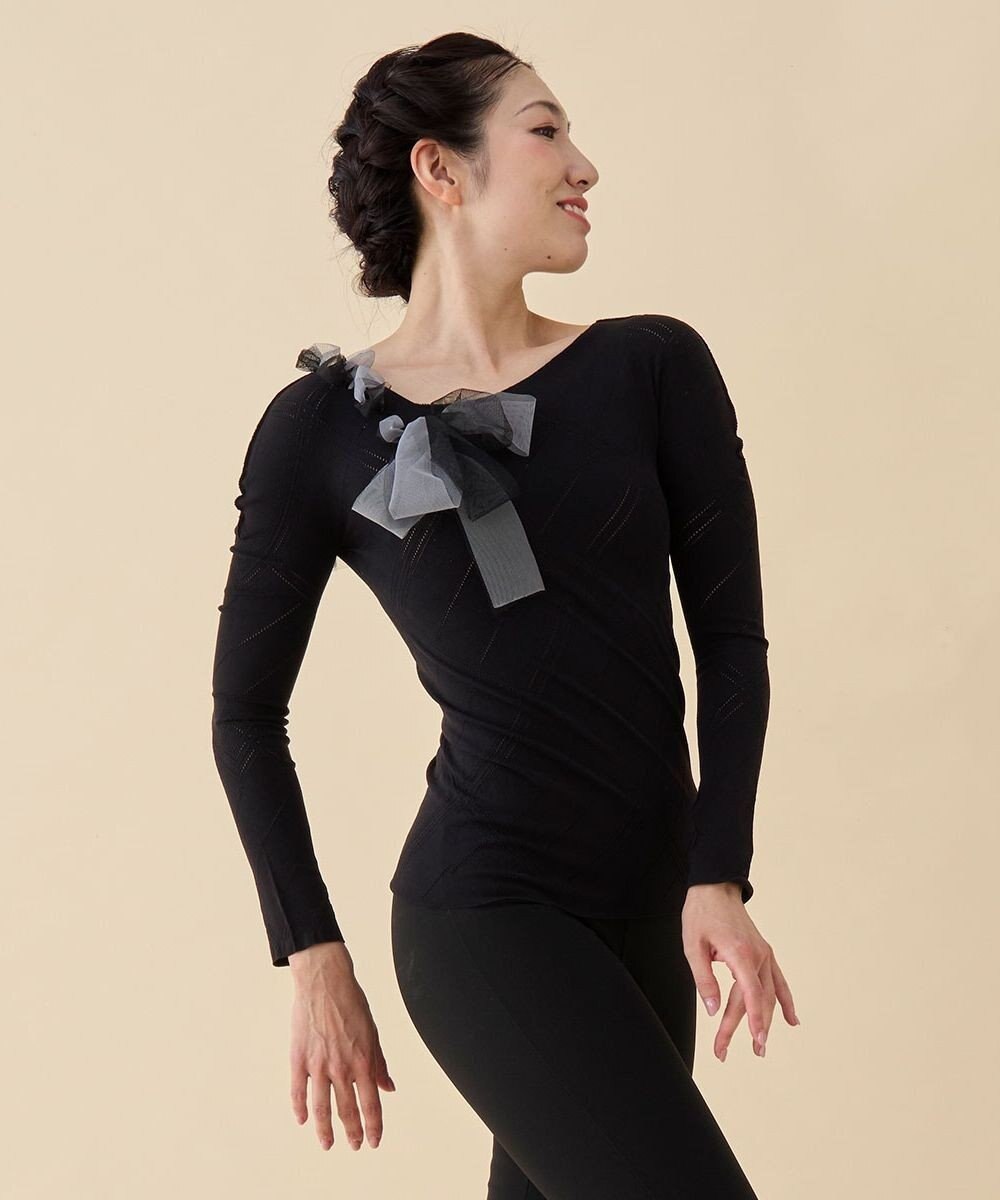 Chacott 【ノーソーイングニット】チュールリボンニットトップ 