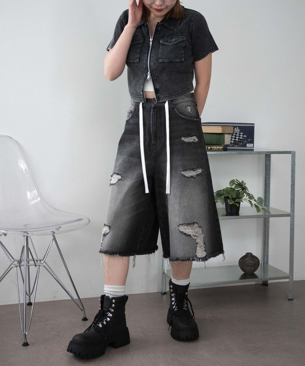 WEGO 【SMサイズ展開】ヴィンテージウォッシュダメージバギーハーフパンツ 