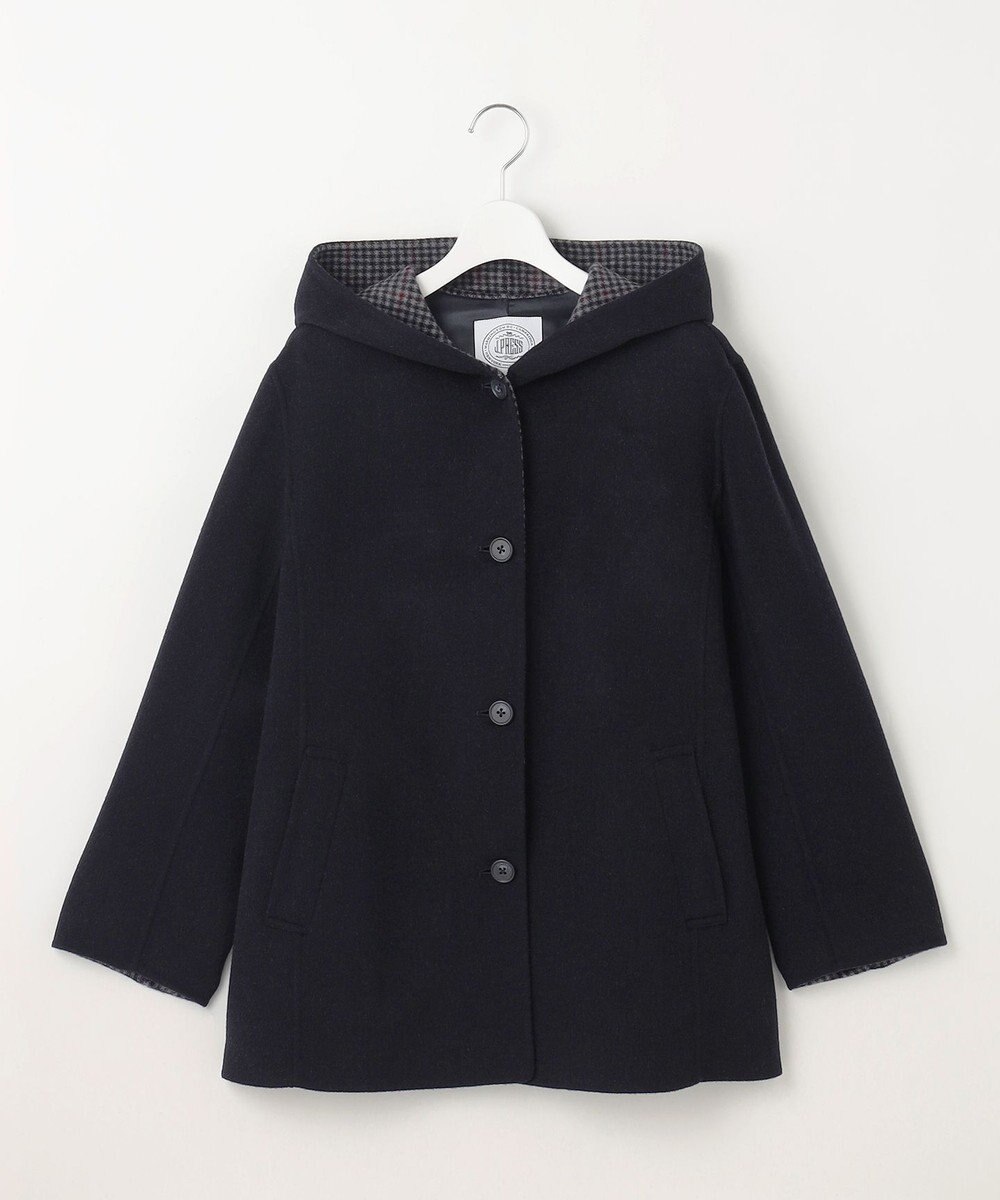 J.PRESS LADIES L ウールナイロンリバーチェック フード付き コート 