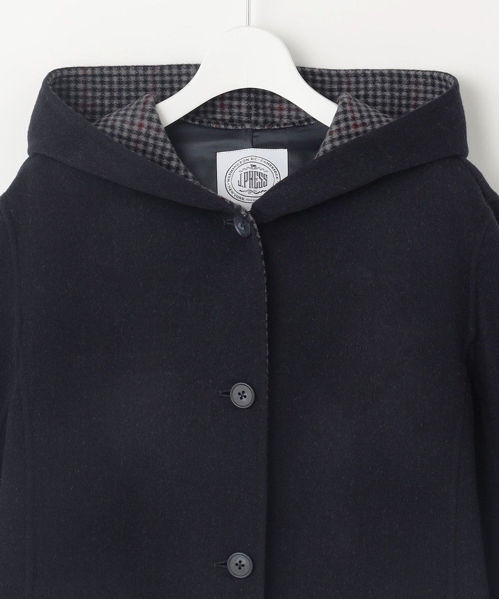 J.PRESS LADIES L ウールナイロンリバーチェック フード付き コート 