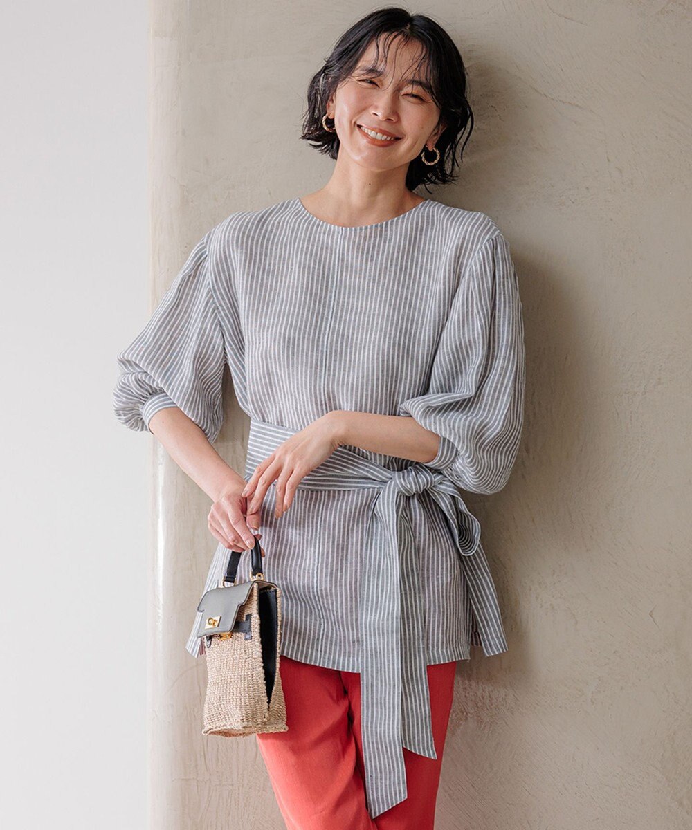 23区 L 【洗える】LIBECO ベルト付き ブラウス 