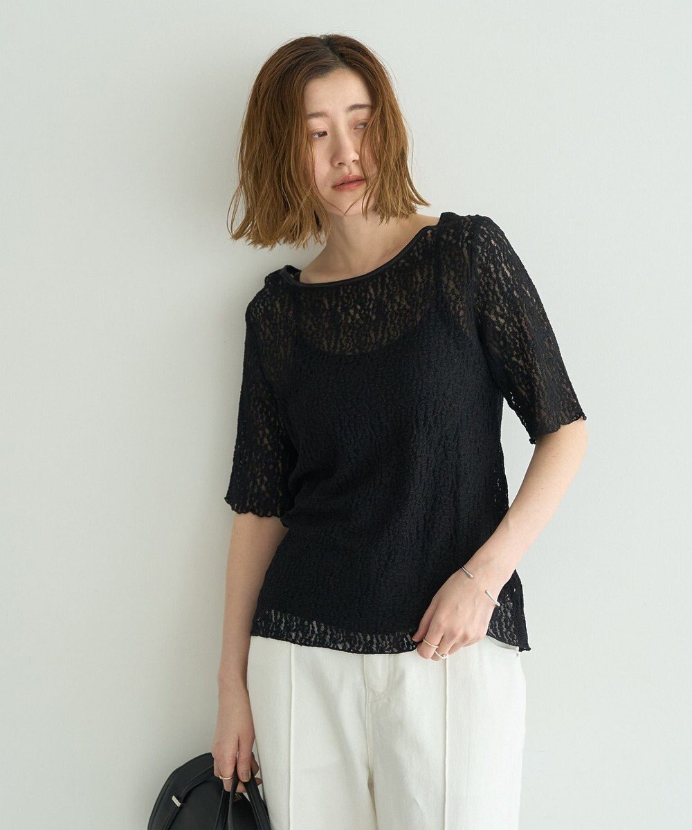 YECCA VECCA 5分袖レースシアートップス 