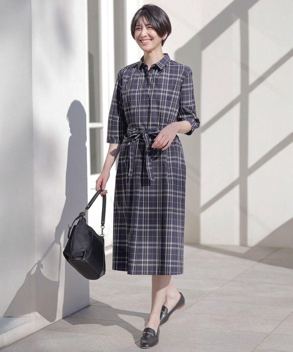 J.PRESS LADIES 【洗える】コンパクトチェック シャツカラー ワンピース 