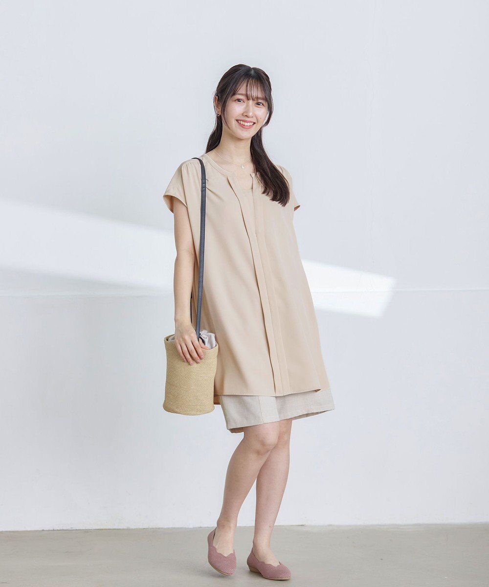 Tiaclasse L フレンチスリーブキーネックシャツチュニックブラウス 