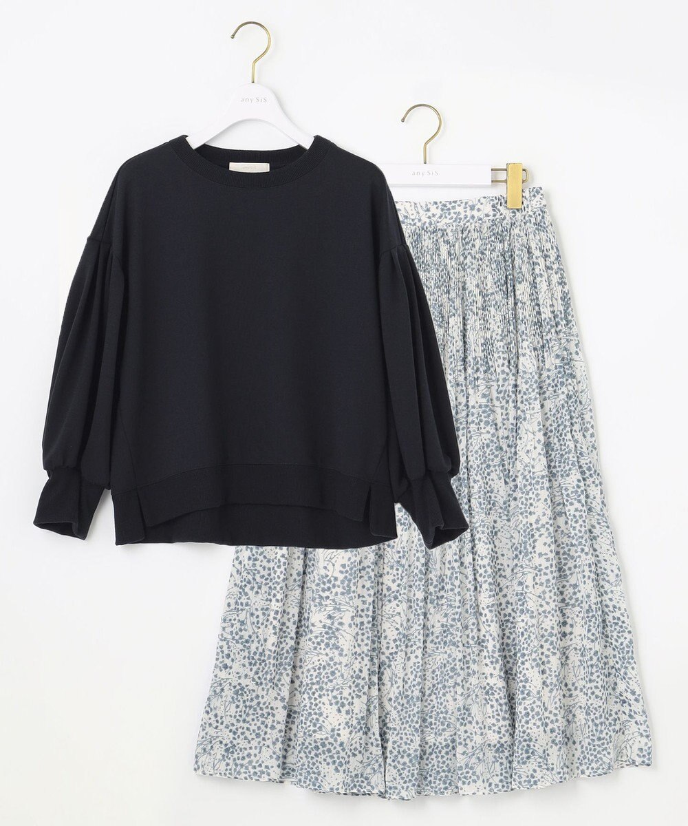 ANY SIS 【2SET】タックスリーブ トップス × フラワープリント スカート 