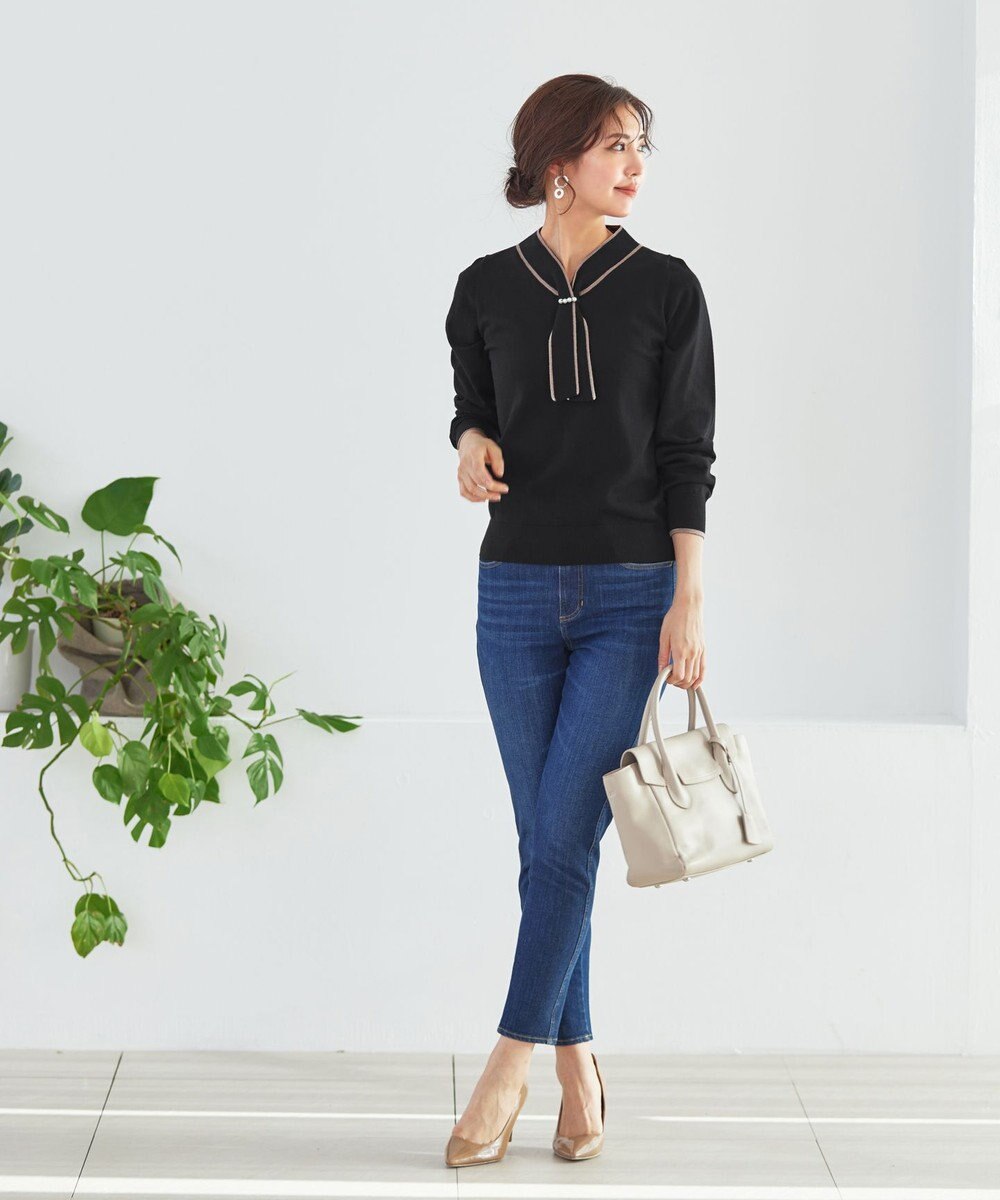 Tiaclasse 【洗える】パール付き配色ボウタイニットトップス 