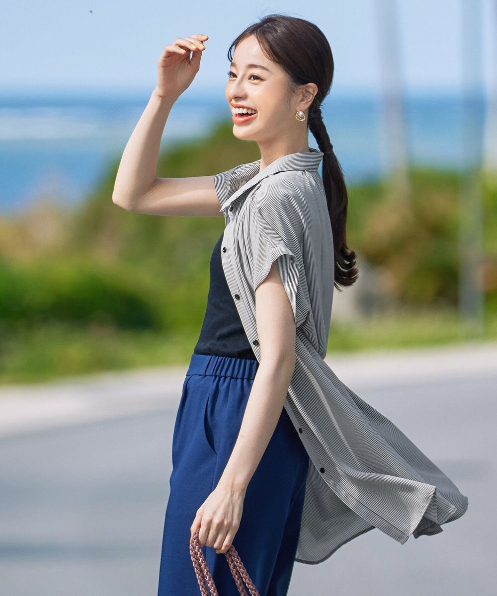 Tiaclasse L 【洗える】フレンチスリーブシャツチュニックブラウス 