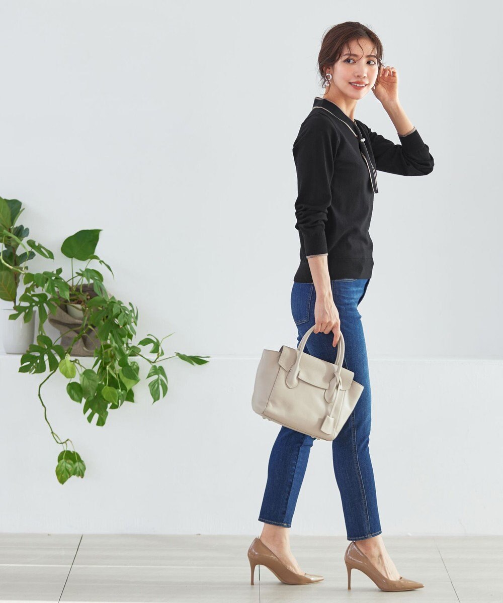 Tiaclasse 【洗える】パール付き配色ボウタイニットトップス 