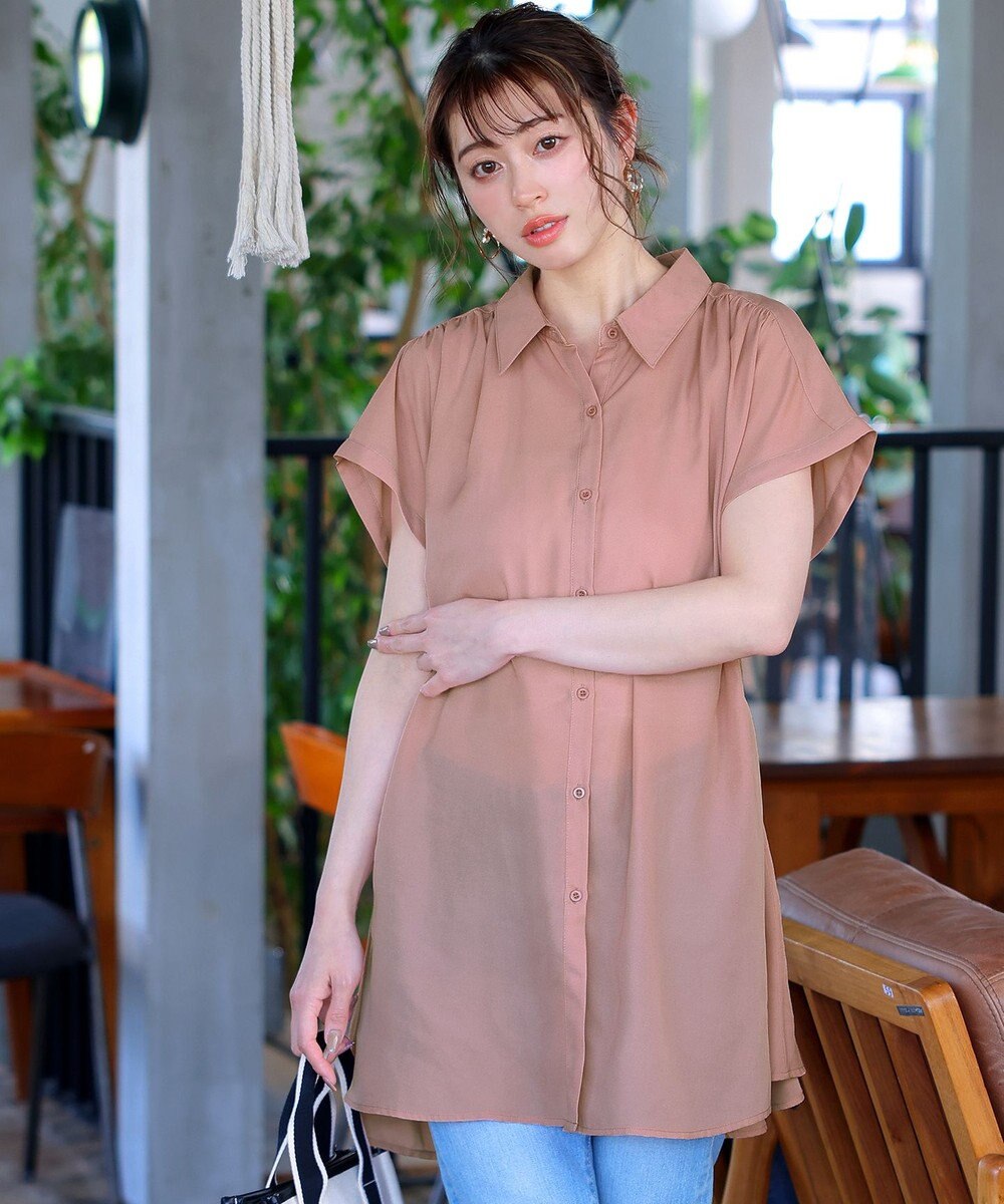 Tiaclasse L 【洗える】フレンチスリーブシャツチュニックブラウス 