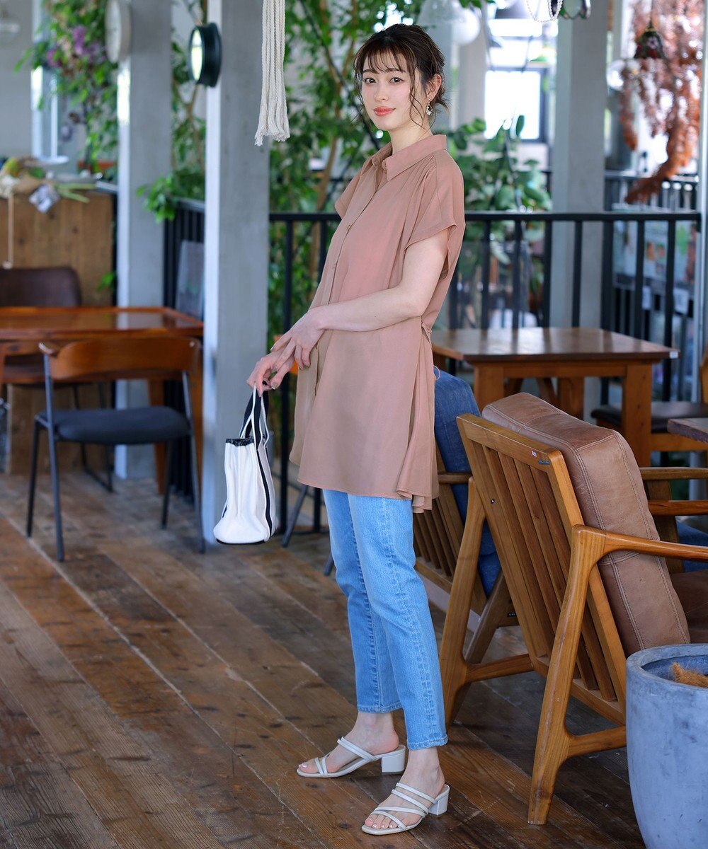 Tiaclasse L 【洗える】フレンチスリーブシャツチュニックブラウス 