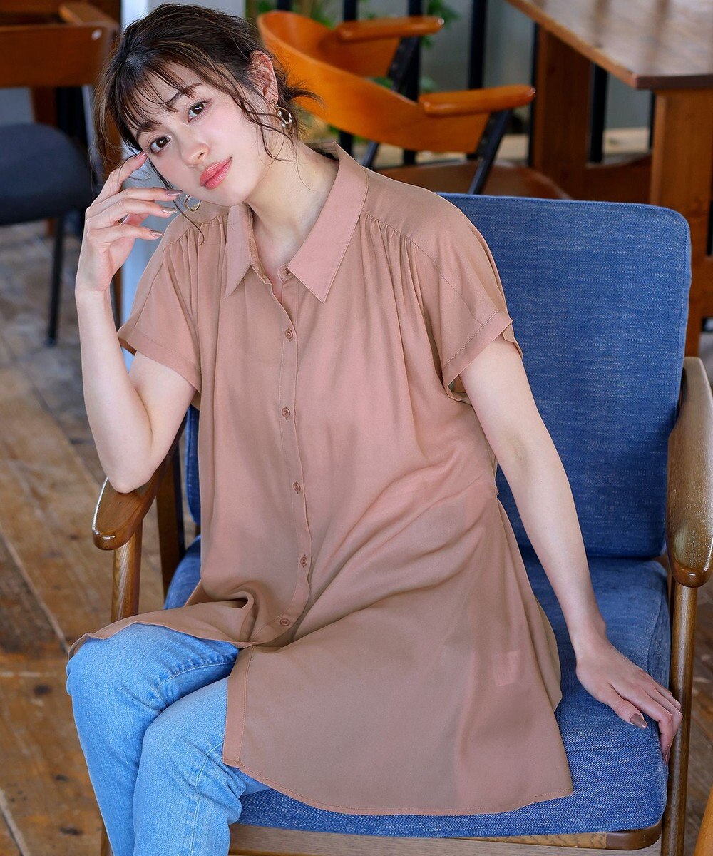 Tiaclasse L 【洗える】フレンチスリーブシャツチュニックブラウス 