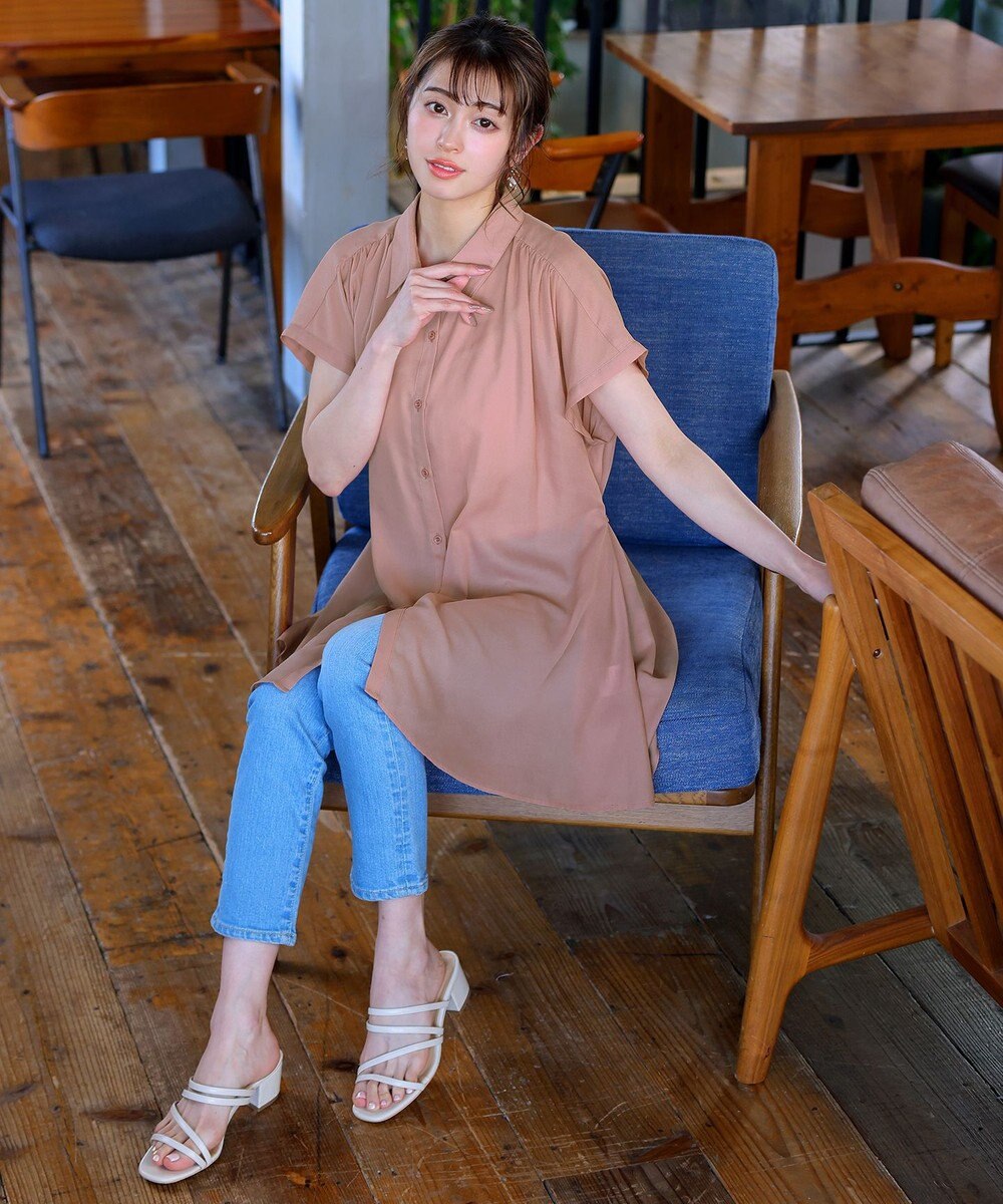 Tiaclasse L 【洗える】フレンチスリーブシャツチュニックブラウス 