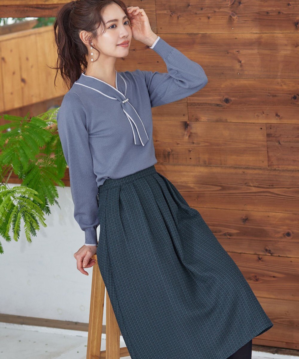 Tiaclasse 【洗える】パール付き配色ボウタイニットトップス 