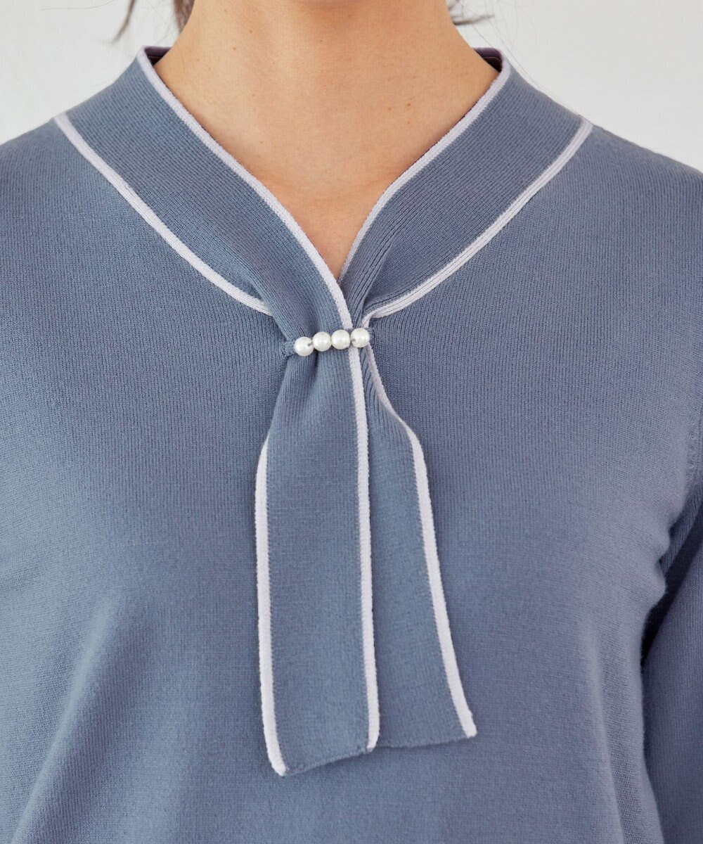 Tiaclasse 【洗える】パール付き配色ボウタイニットトップス 