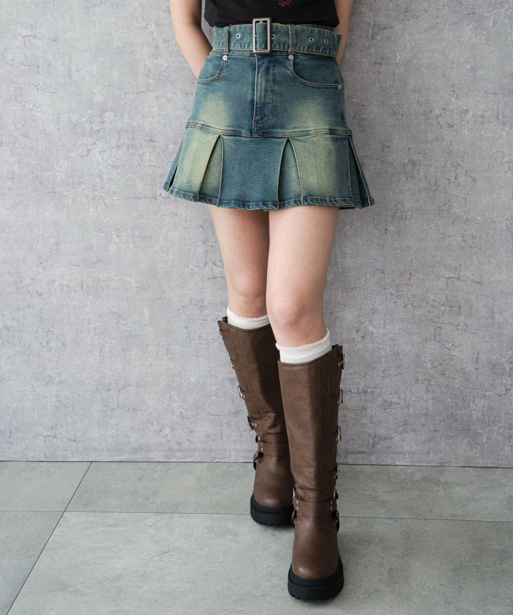 WEGO ベルト付デニムプリーツスカパン 