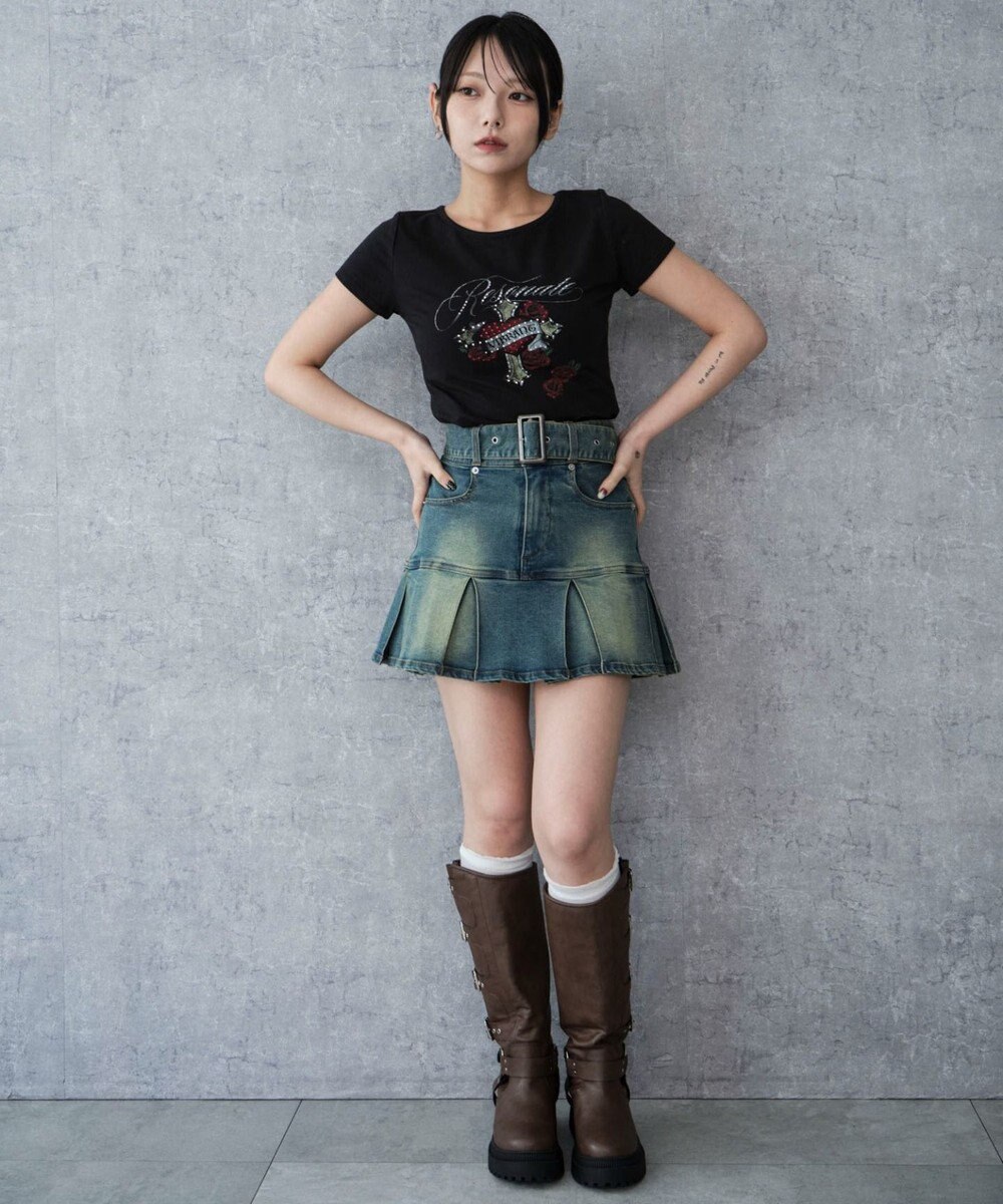 WEGO ベルト付デニムプリーツスカパン 