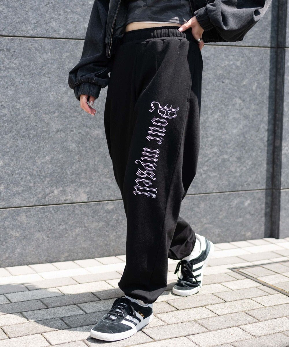 WEGO 【ウエストゴム】ラインストーンロゴスウェットパンツ 
