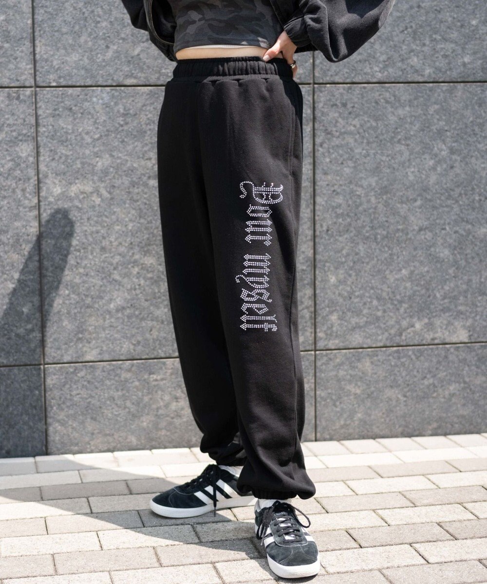 WEGO 【ウエストゴム】ラインストーンロゴスウェットパンツ 