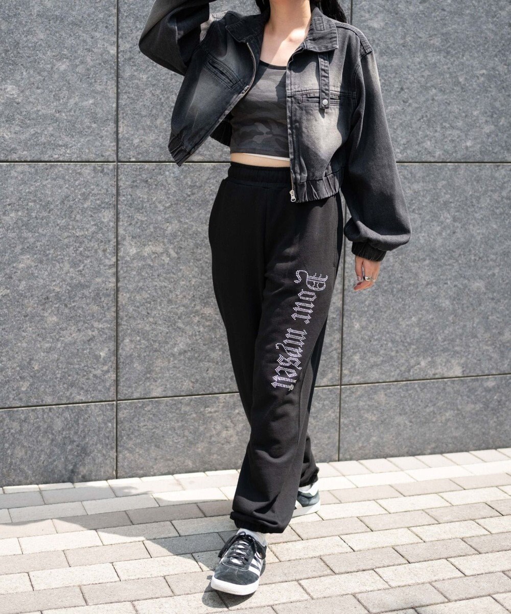 WEGO 【ウエストゴム】ラインストーンロゴスウェットパンツ 